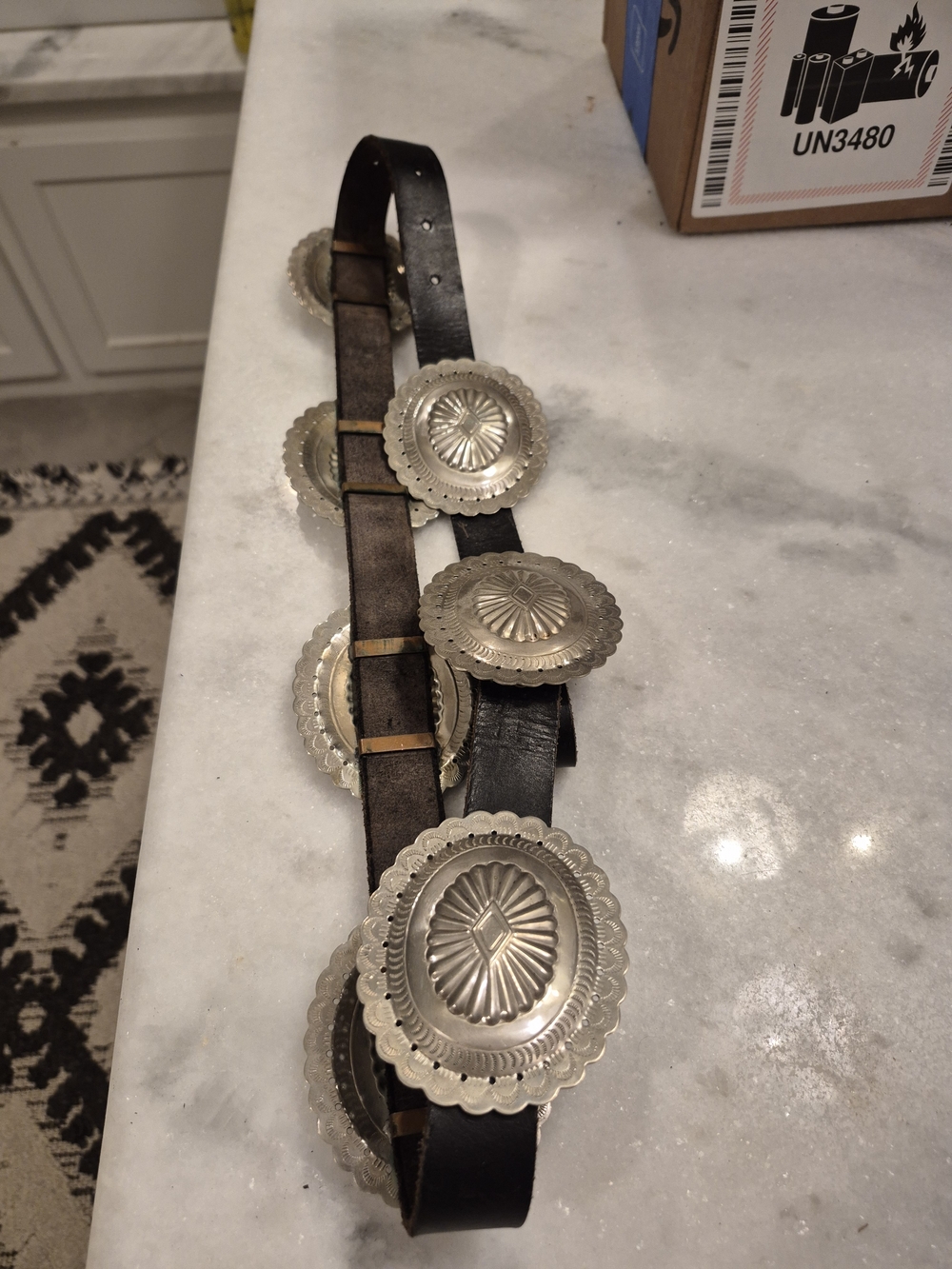 Silver Concho Leather Belt - Black Leather Western Style - Picture 4 of 5